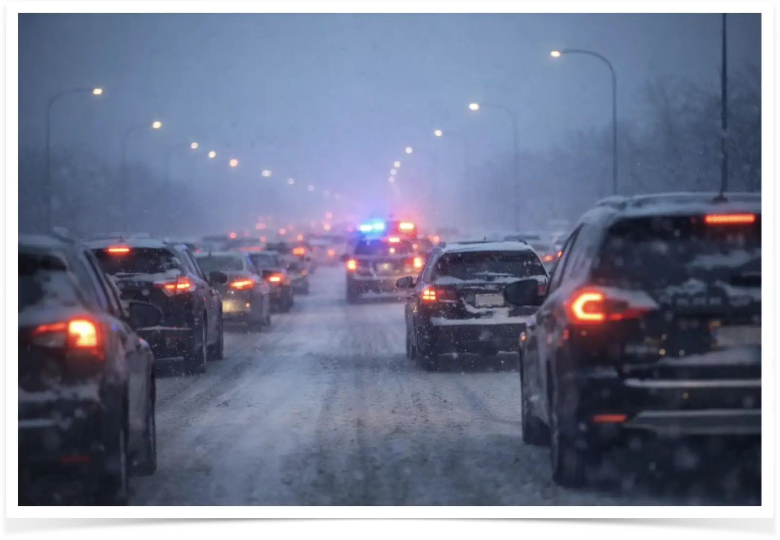 Traffic slowed by a winter car accident on a snowy Michigan road with poor visibility and icy conditions.