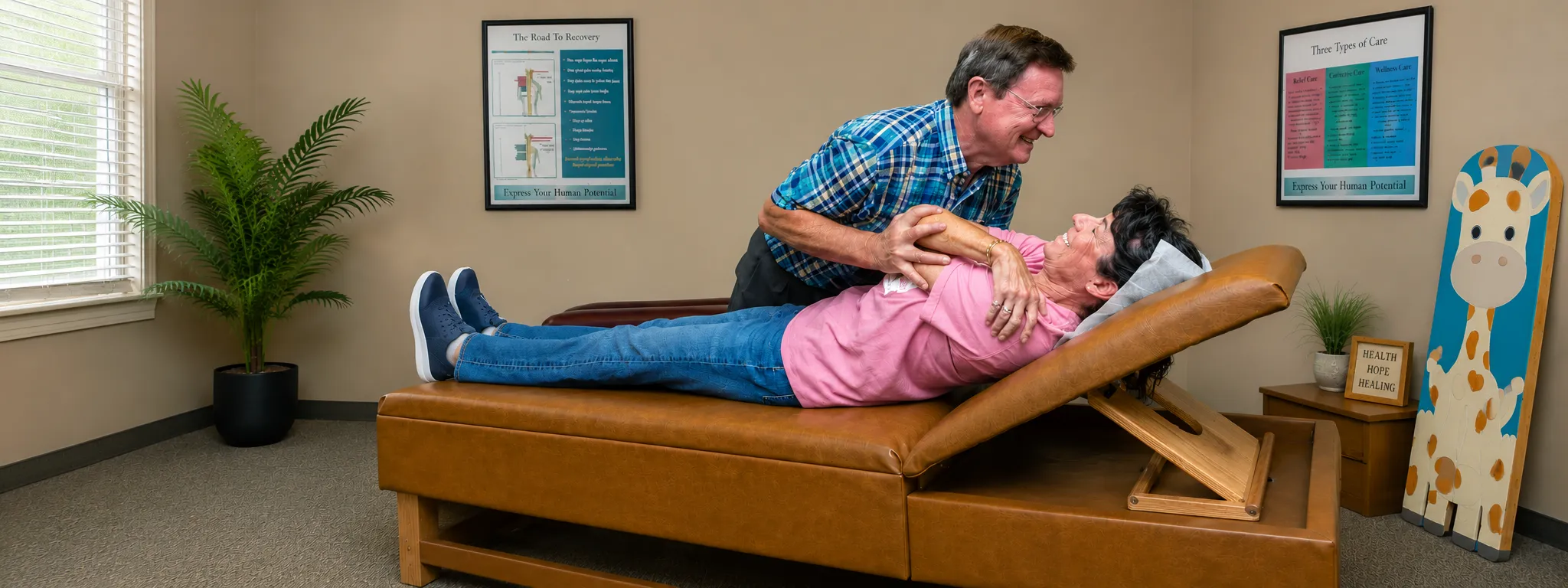 A Chiropractic Adjustment in Progress, Chiropractic Care in Macomb, MI Dr. Bence performs a spinal adjustment on a smiling patient lying on the treatment table at Bence Chiropractic Wellness Center.