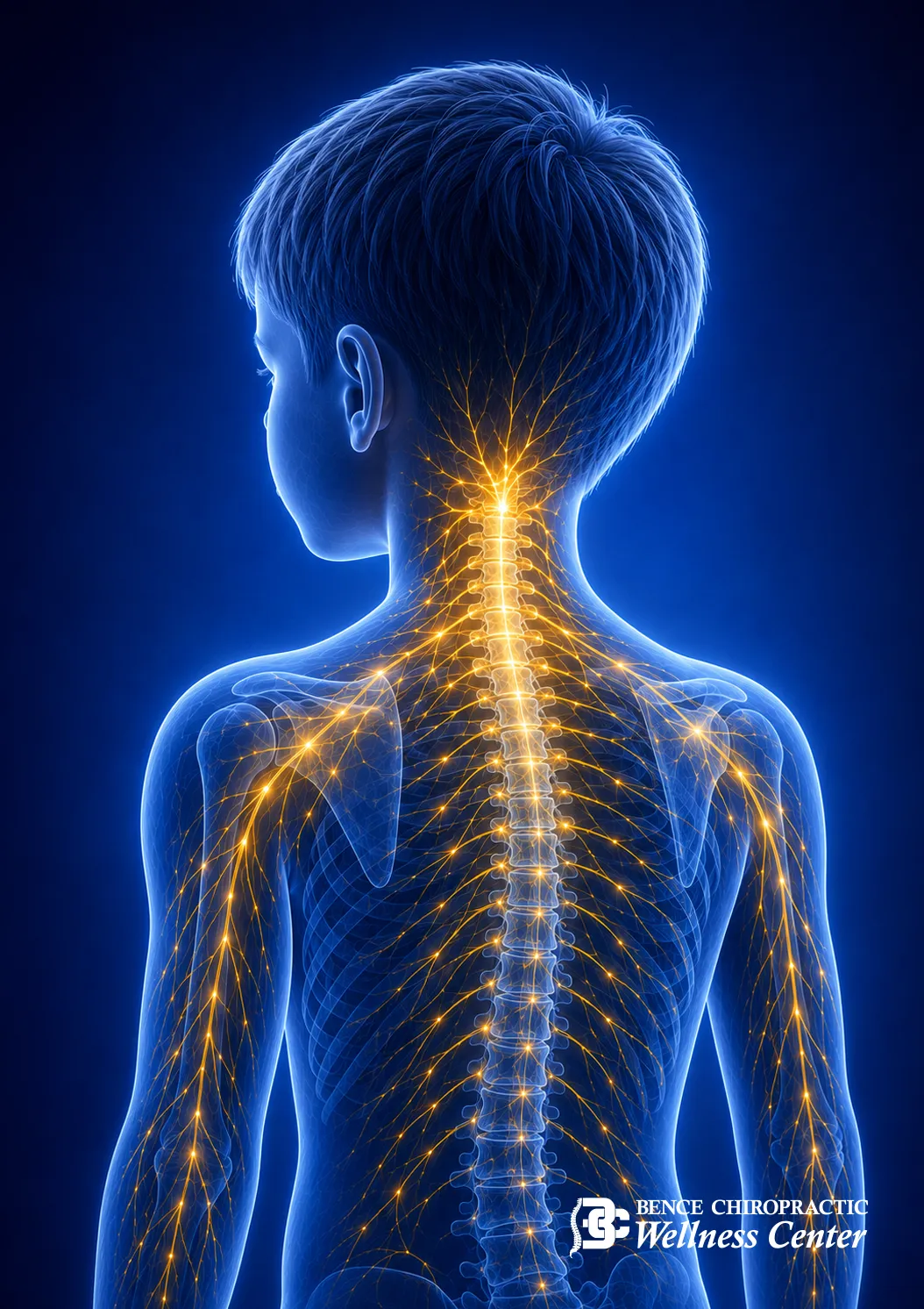Child’s spine and nervous system highlighted in anatomical illustration.