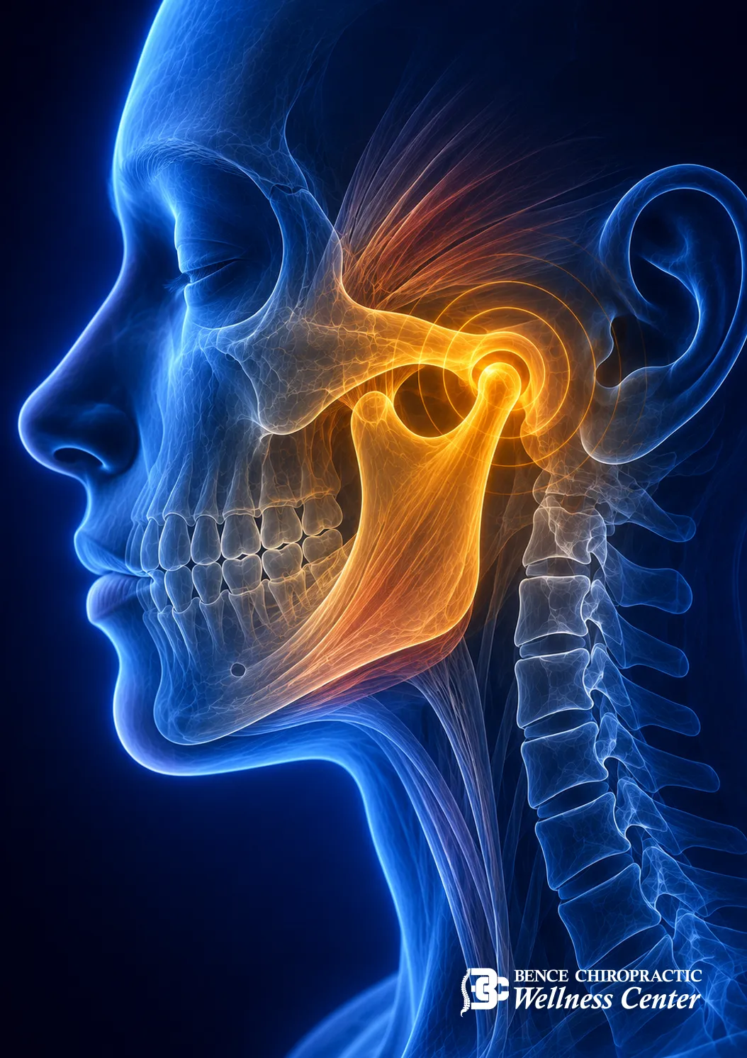 Temporomandibular joint, jaw muscles, and cervical spine anatomical illustration